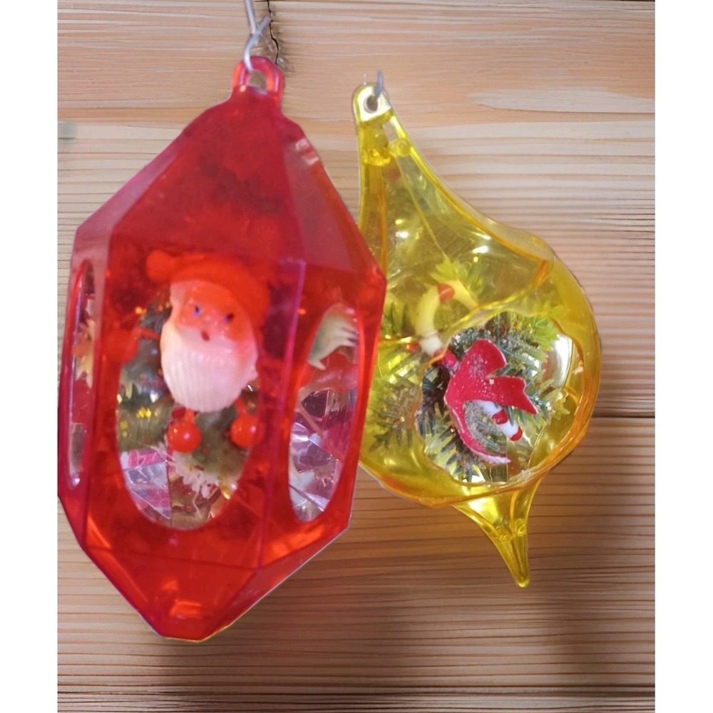 2 VTG MCM Jewel Brite Plastic Santa Diorama Christmas Ornament Teardrop Hexagon
